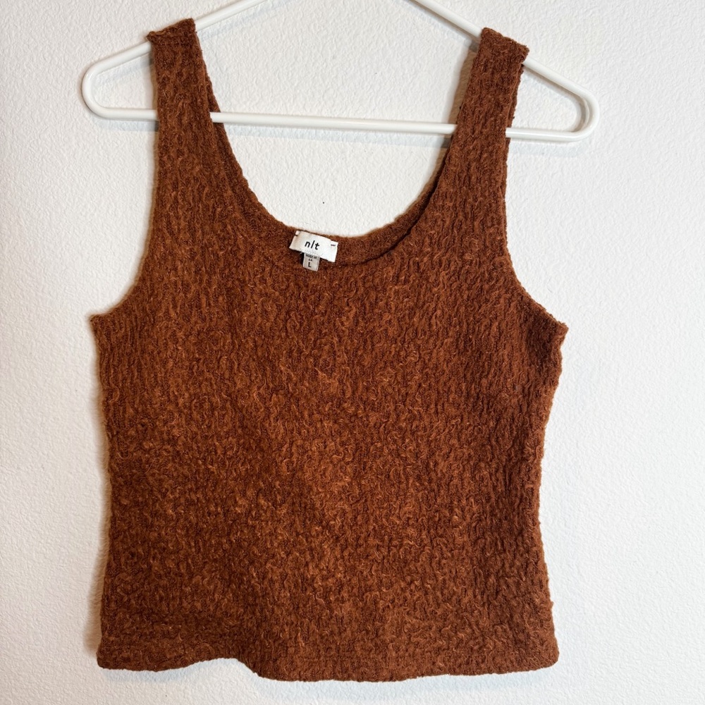 nlt fuzzy dark orange knit style tank top size large